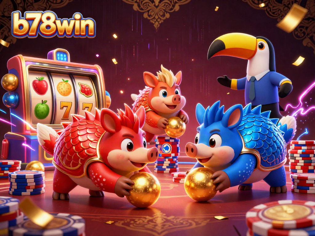 Experience thrilling gaming action with b78win's vibrant 3D pangolins bowling through poker chips and slot reels