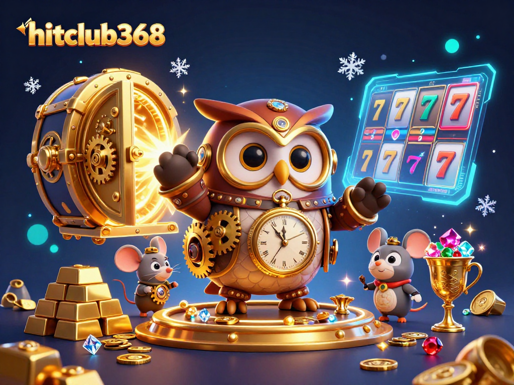 Win big at hitclub368 with vibrant 3D casino illustration featuring a steampunk owl and slot elements.