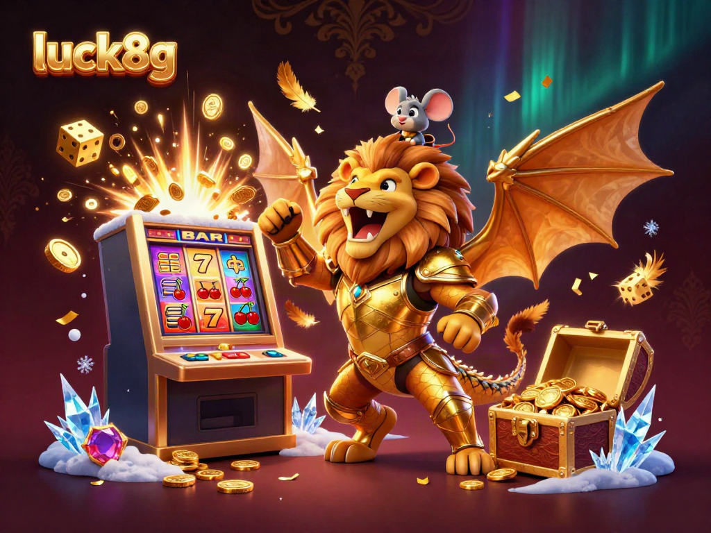 Experience thrilling jackpots at luck8g with a dynamic casino scene featuring a chimera hero and glorious treasures.
