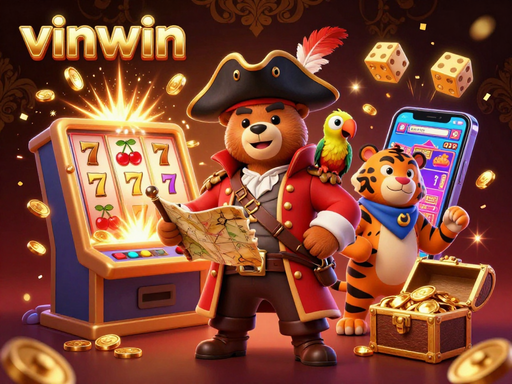 Experience the excitement of vinwin with a 3D casino scene featuring slot machines, gold coins, and animated characters.