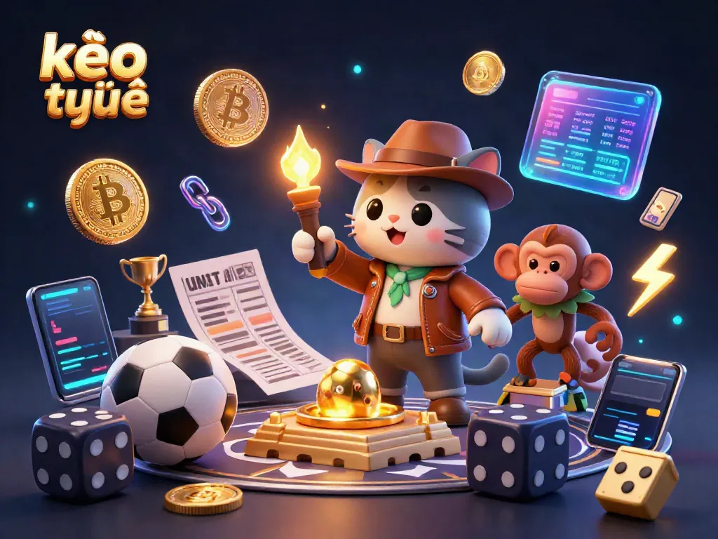 Engage in kèo trực tuyến with a vibrant cat explorer unveiling a golden casino artifact in this thrilling illustration.