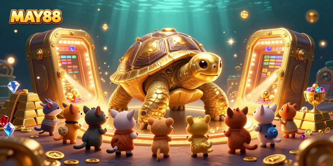 MAY88 showcases a vibrant casino scene with a golden tortoise pinball machine surrounded by excited animals.