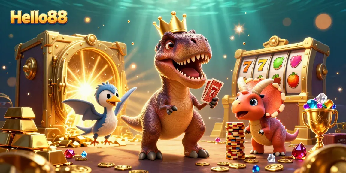 Hello88 introduces a dynamic scene of a T-Rex and friends engaging in casino fun with slots, gold, and gems.