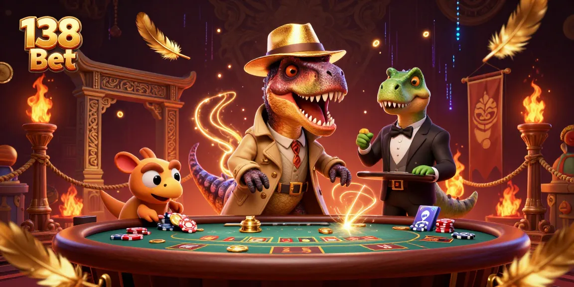Experience the thrill at 138 Bet with a dynamic casino scene featuring playful dinosaur characters.