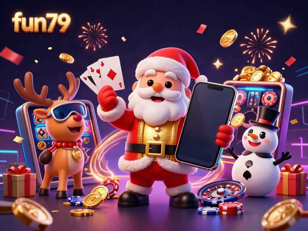 Join fun79 for an exciting online gaming experience featuring Santa and friends amid vibrant casino elements.