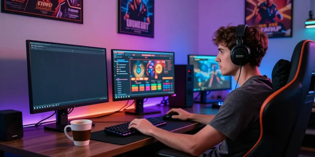 Player engaged in online betting at https://net88.broker/ with multiple screens and vibrant gaming environment.
