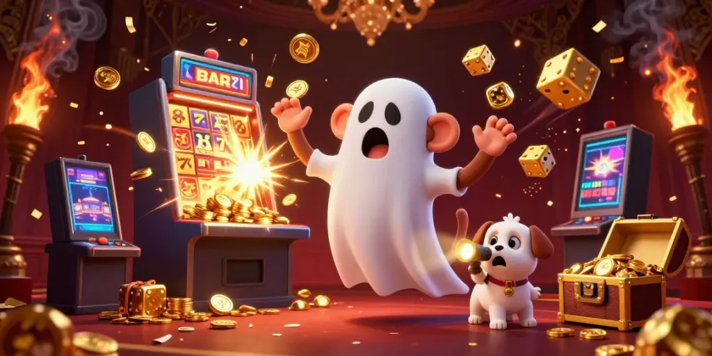 Engaging RED88 casino visuals with a playful poltergeist monkey and curious puppy in action.