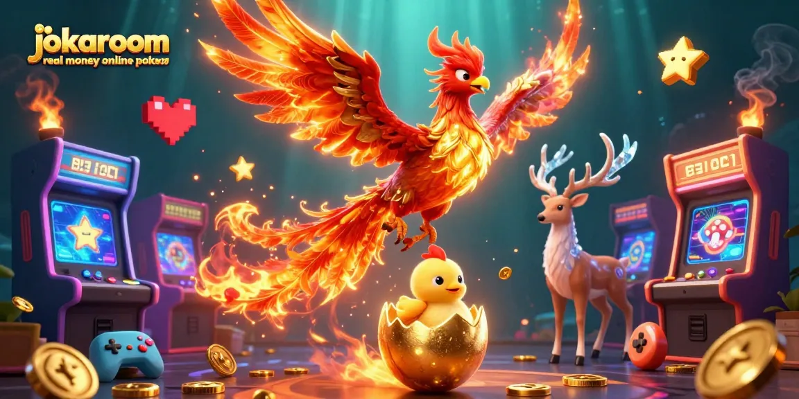 Experience the thrill of jokaroom real money online pokies with a vibrant scene featuring a phoenix, chick, and stag.