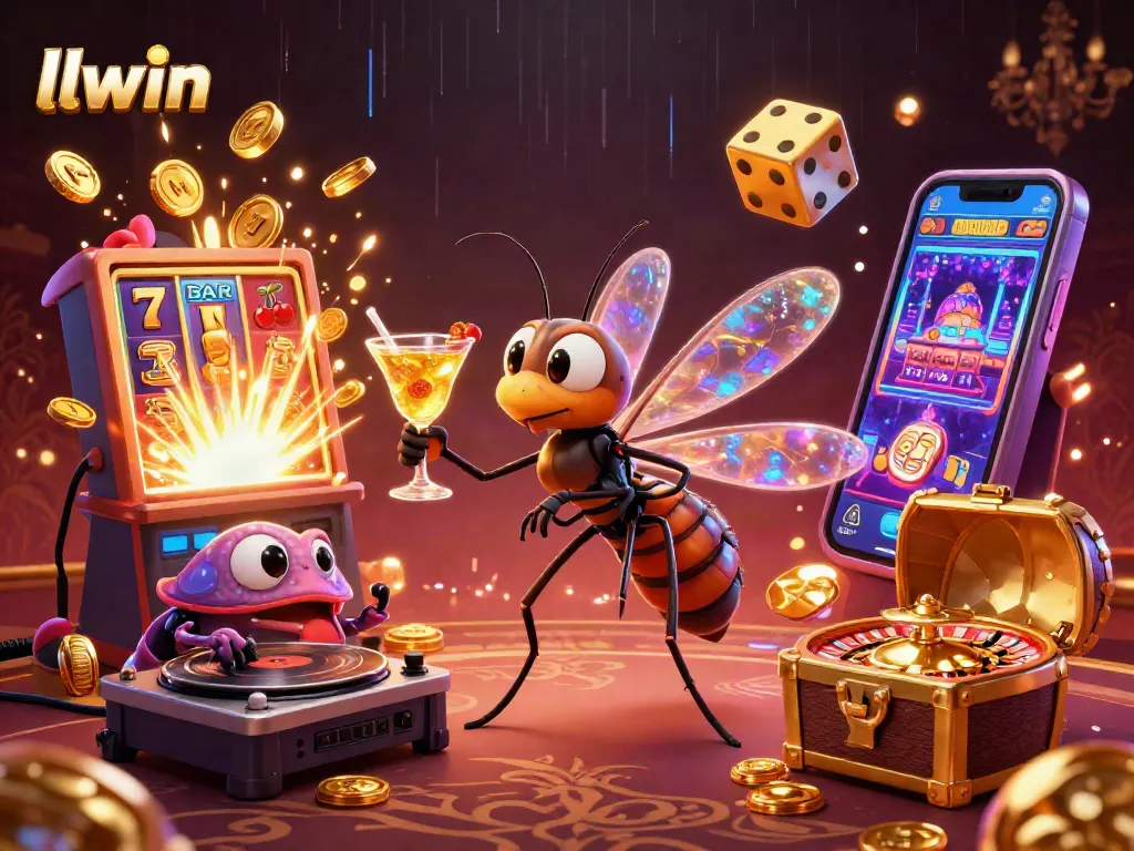 llwin features a cartoon mosquito mascot and trilobite DJ in a vibrant casino scene.