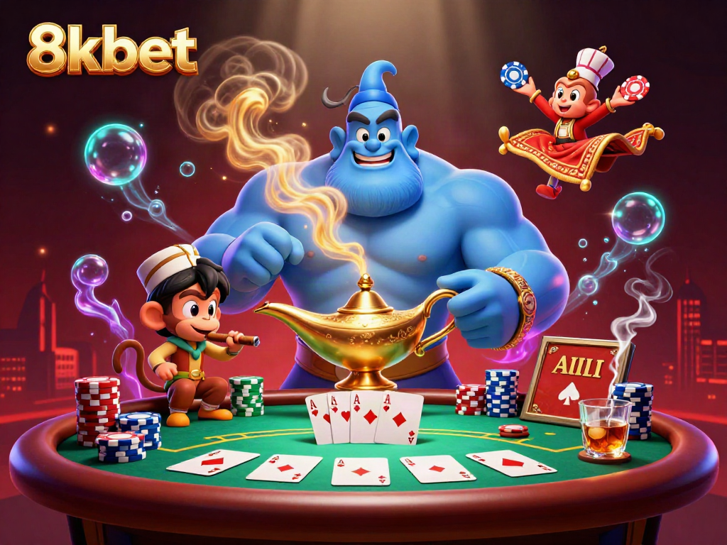Experience thrilling wins with 8xbet in a vibrant casino scene featuring a genie and poker elements.
