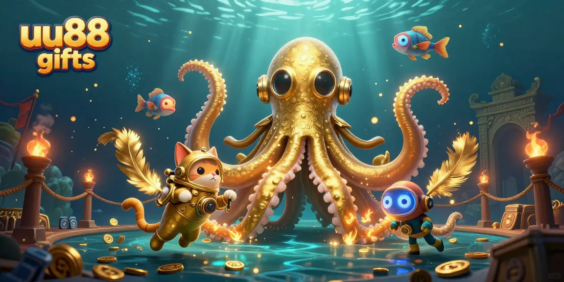 Engage with uu88 gifts through an adventure with a kraken, diving cat, and treasure.