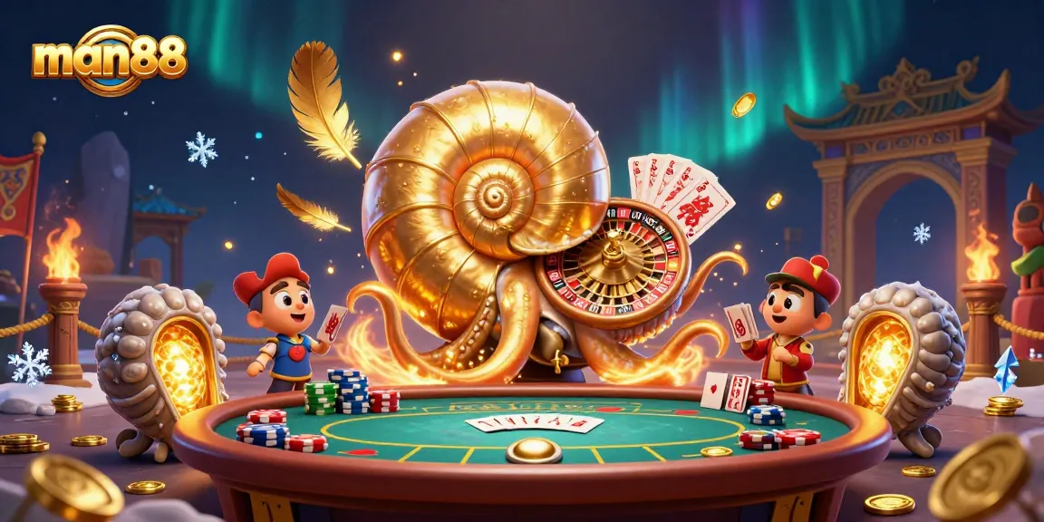 man88 offers an exciting 3D casino scene featuring a giant nautilus as a roulette wheel.