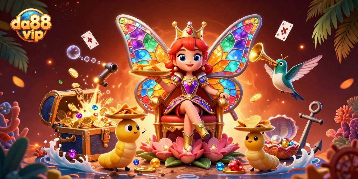 Engage with thrilling da88 vip casino games featuring a cartoon butterfly queen and vibrant treasure elements.