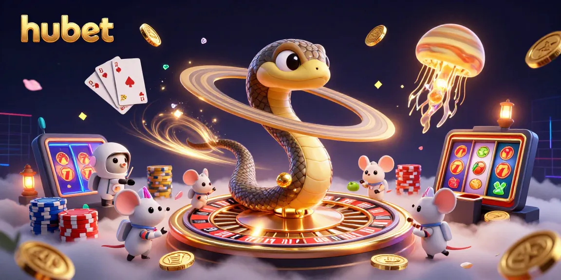 Experience exhilarating gaming action with hubet's vibrant 3D casino illustration featuring cosmic characters and slot elements.