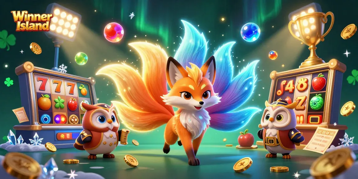 Experience the thrill of gaming at Winner Island with vibrant slots and glowing jackpots in a mesmerizing illustration.