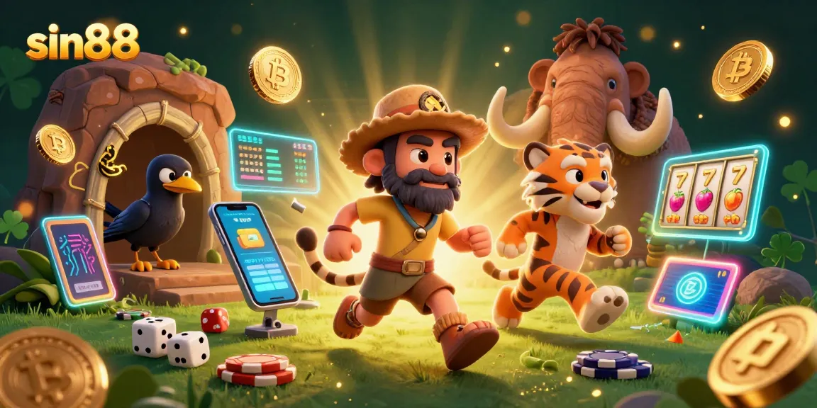 Feel the thrill of sin88 at this energizing casino scene with a caveman duo and crypto elements.