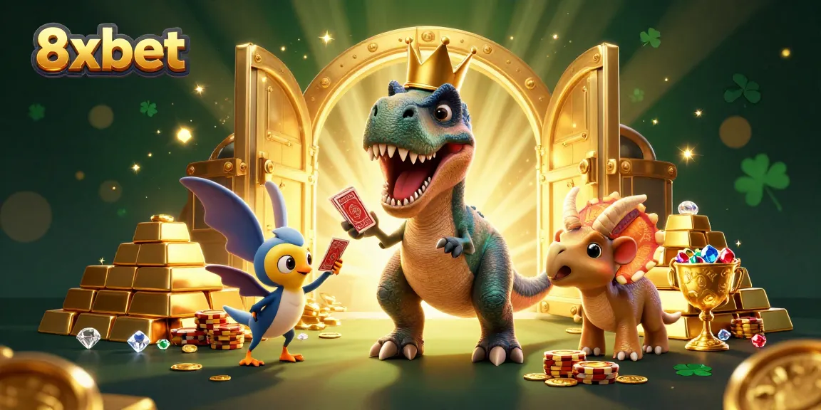 Experience thrilling gameplay at 8xbet with dinosaur-themed fun and shining gems in a lively casino scene.