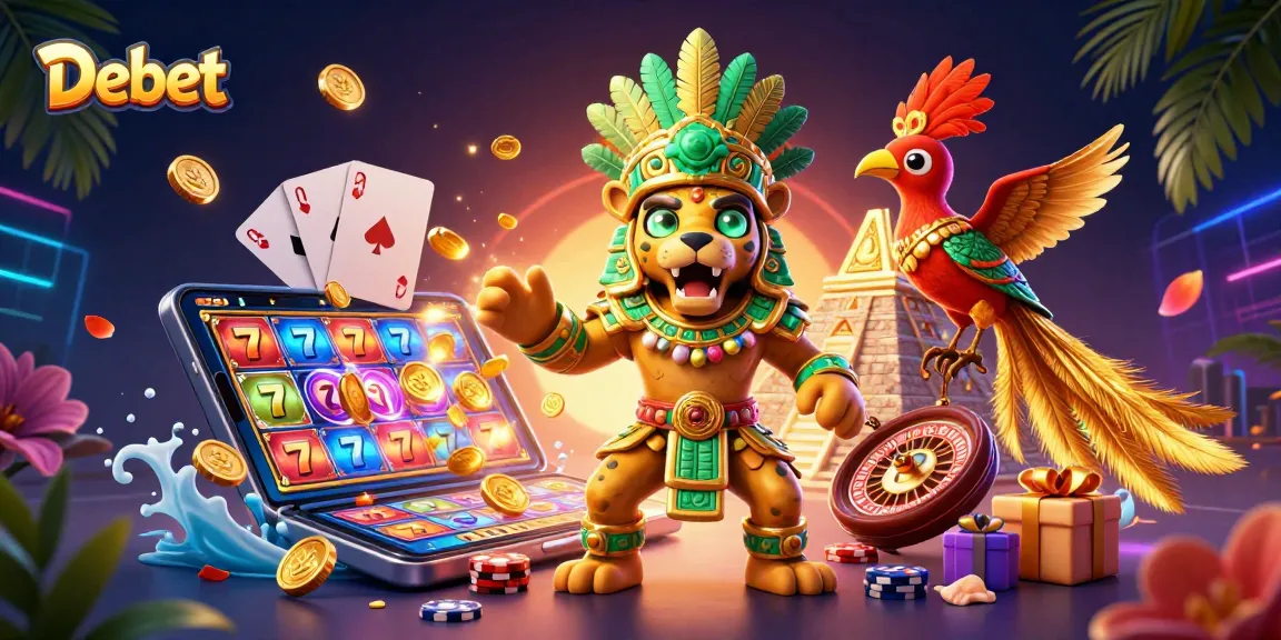 Experience the thrill of gaming at Debet with vibrant slots and dynamic characters in this colorful scene.