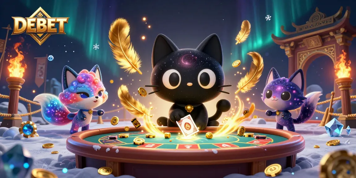 Experience thrilling moments at DEBET as a black hole cat attracts golden chips and cards in a cosmic casino.
