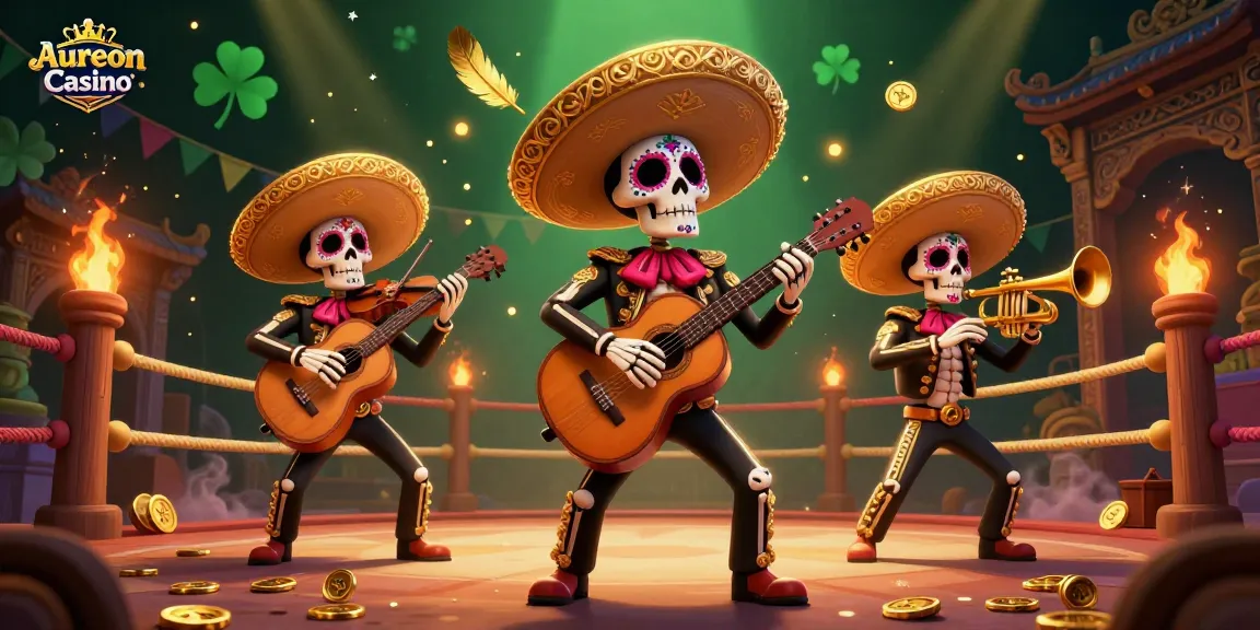 Aureon Casino's vibrant 3D illustration showcases a skeleton mariachi band amidst swirling casino elements.