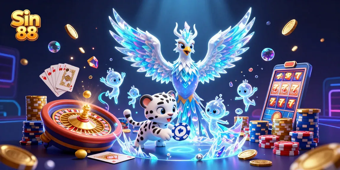 Experience thrilling gaming with Sin 88’s lively 3D casino illustration showcasing unique characters and dazzling game elements.