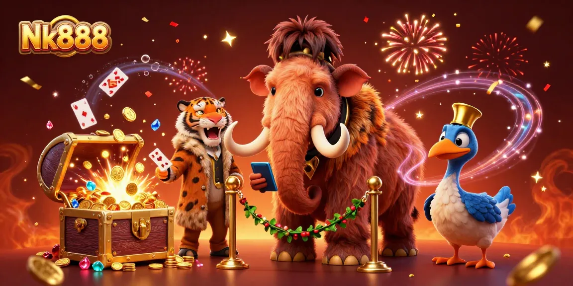 Experience thrilling gaming adventures at Nk888 with cartoon characters in a vibrant digital casino.